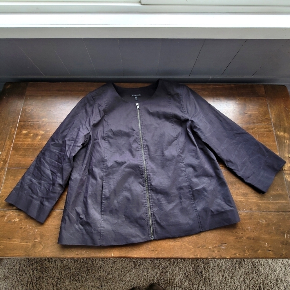 Eileen Fisher Polished Ramie Stretch Silk Lining Full Zip Jacket sz XL Black